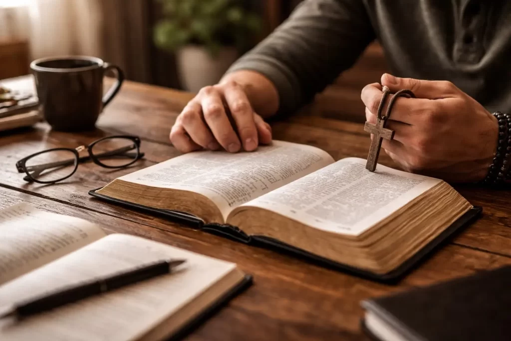 Um home estudando a bíblia mostrando claramente um sinal de discípulo de Jesus hoje