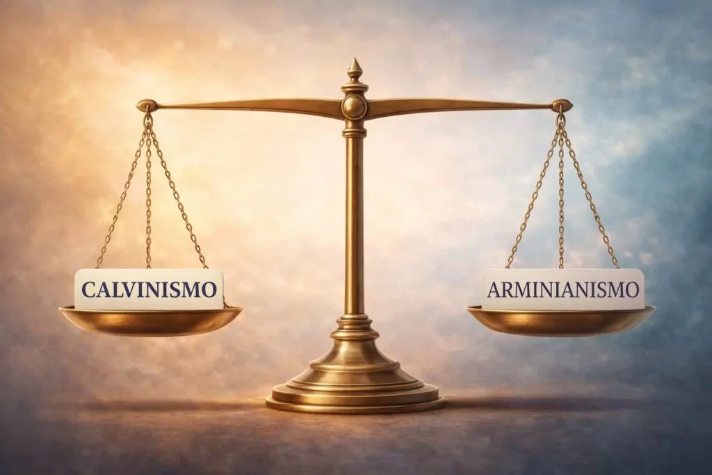 Balança equilibrada representando o calvinismo e o arminianismo, simbolizando a busca por equilíbrio teológico na salvação cristã.
