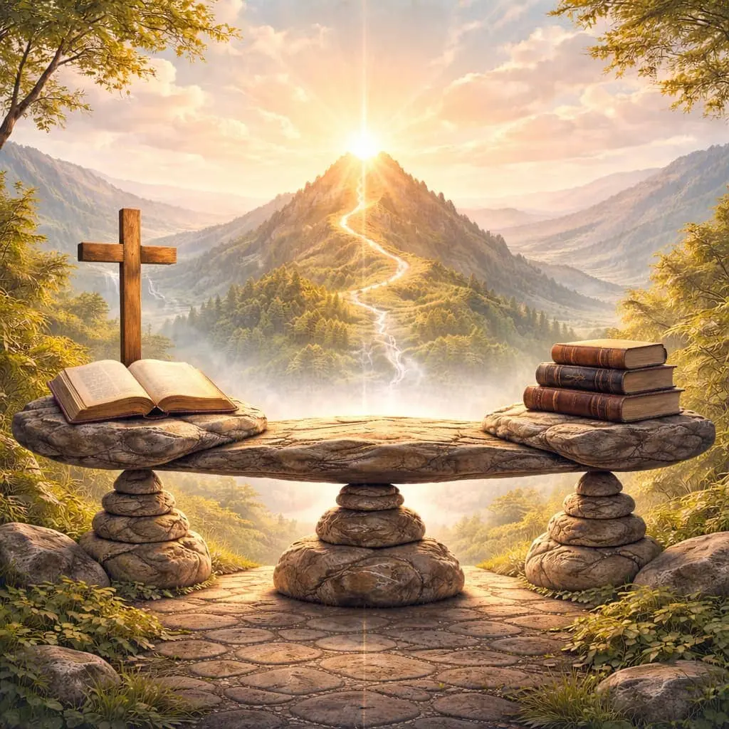 magem simbólica representando o equilíbrio teológico entre o calvinismo e o arminianismo na doutrina da salvação cristã.