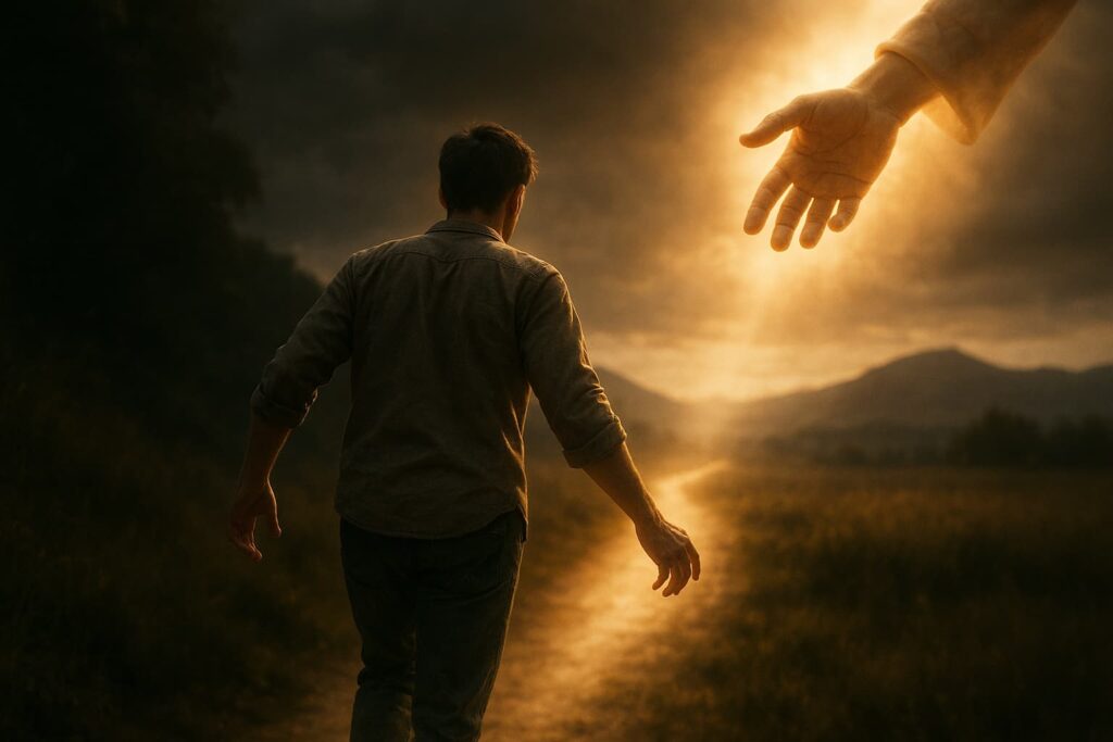 Homem caminhando por uma estrada iluminada em direção a uma mão divina estendida, representando graça e responsabilidade na salvação.