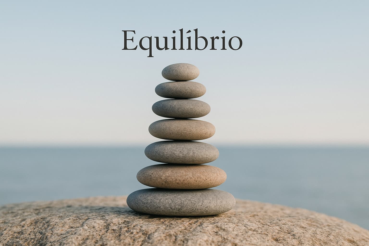 Pedras empilhadas em equilíbrio sobre uma rocha à beira-mar, simbolizando equilíbrio bíblico entre correntes teológicas.