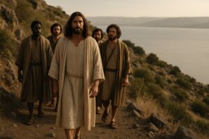 Jesus caminhando com discípulos em uma trilha à beira-mar, ilustrando o discipulado bíblico