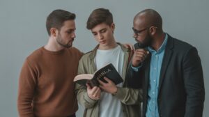 Três homens reunidos em discipulado cristão, com foco na leitura da Bíblia ensino, comunhão e edificação na fé