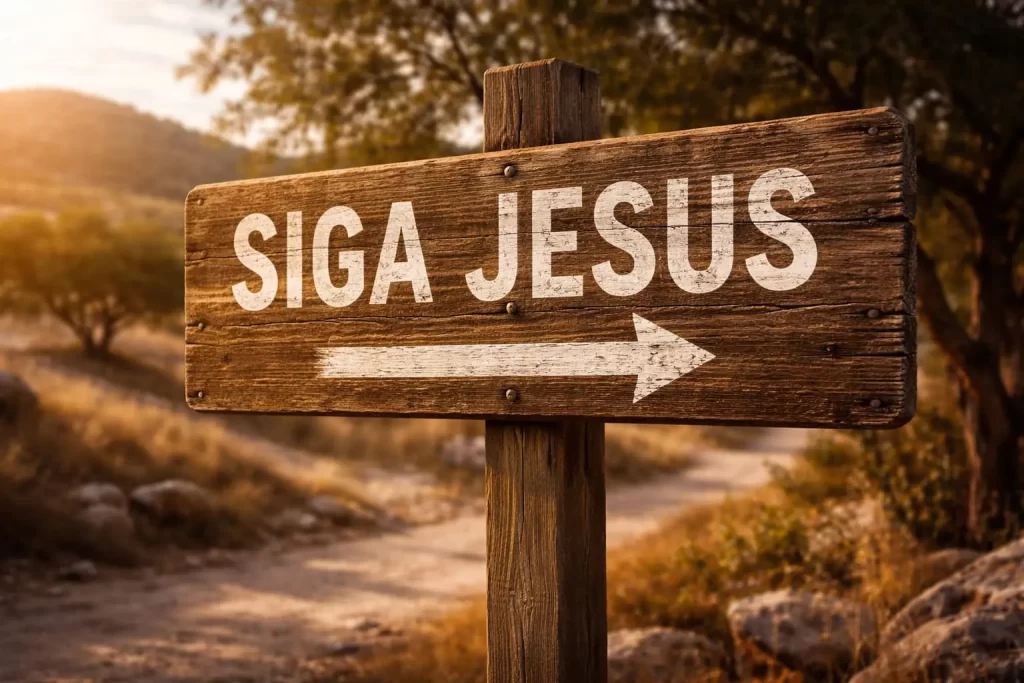 laca rústica com a frase “Siga Jesus” em destaque, colocada à beira de um caminho de terra, representando o chamado ao verdadeiro crente.