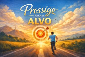 Homem correndo por uma estrada em direção a uma cruz iluminada no alto do monte ao nascer do sol, representando a busca espiritual e o foco no alvo eterno, inspirado em Filipenses 3:14.