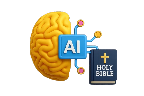 Ícones de cérebro, inteligência artificial e Bíblia lado a lado, representando o uso da IA no estudo cristão.