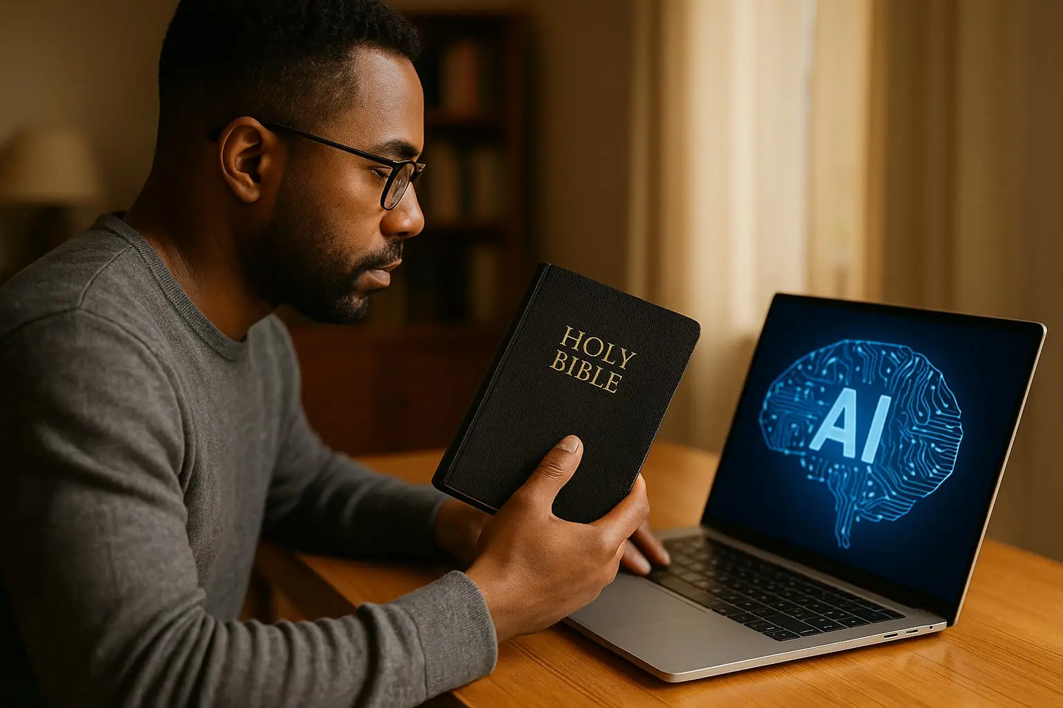 Homem segura a Bíblia diante de um notebook com ícone de inteligência artificial, representando o uso da IA em estudos bíblicos e devocionais pessoais.