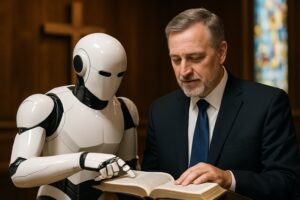 Pastor lendo a Bíblia ao lado de um robô humanoide em igreja, simbolizando o uso da inteligência artificial no apoio ao ministério cristão.