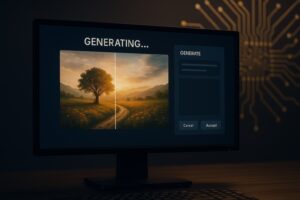 Tela de computador exibindo imagem em processo de geração por inteligência artificial, com cena natural e interface digital.