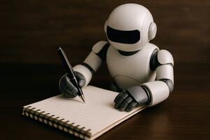 Robô escrevendo em caderno com caneta, simbolizando a inteligência artificial auxiliando na criação de conteúdos com excelência.