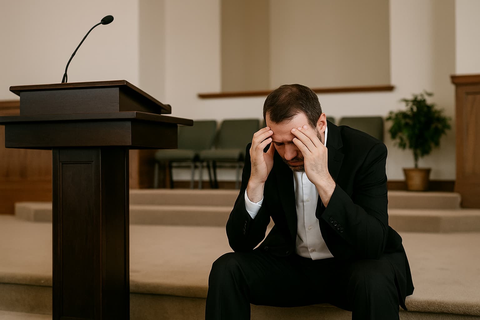 Pastor sentado ao lado do púlpito com expressão de cansaço e angústia, simbolizando esgotamento emocional ou depressão ministerial