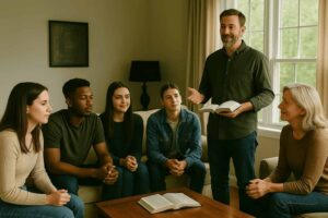 Líder cristão ensinando a Bíblia em célula com adultos e adolescentes reunidos em círculo em ambiente acolhedor.