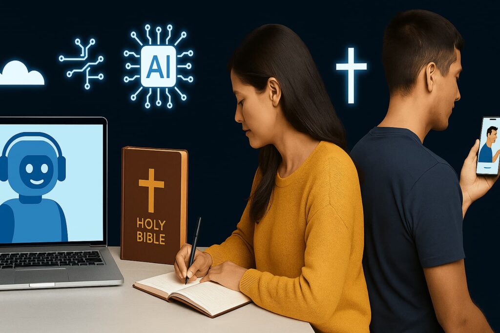 Jovens interagindo com Bíblia e tecnologias digitais, cercados por símbolos de inteligência artificial e fé cristã.