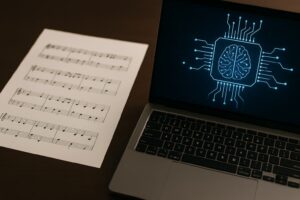 Partitura musical ao lado de notebook com ilustração de inteligência artificial, simbolizando criação de canções cristãs com auxílio de IA.