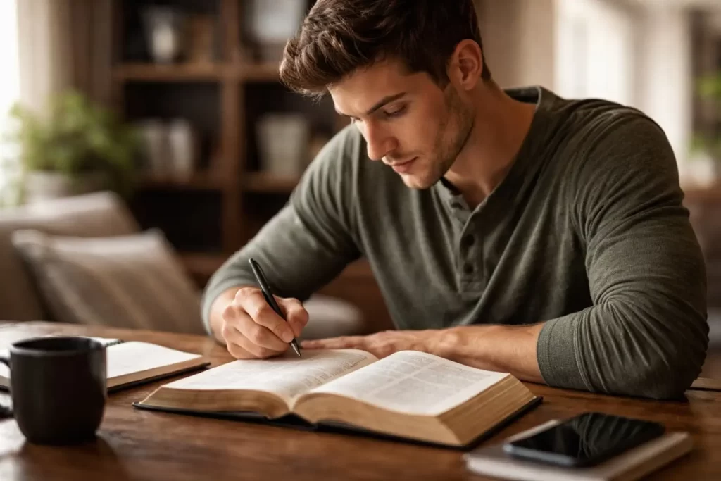 Jovem concentrado estudando a Bíblia em uma mesa de madeira, com luz suave e ambiente acolhedor.