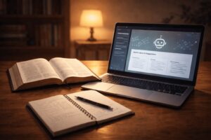 Bíblia aberta sobre uma mesa de estudo ao lado de um notebook com interface de inteligência artificial e caderno de anotações, representando a IA como apoio no preparo da pregação cristã.