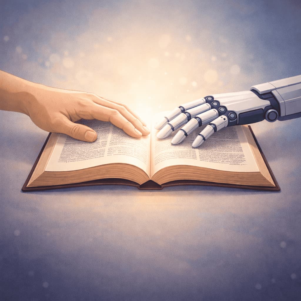 "Uso da IA na pregação cristã" Mão humana e mão robótica tocando juntas uma Bíblia aberta, simbolizando o uso da tecnologia no preparo de sermões com a centralidade das Escrituras.