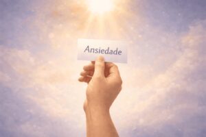 Mão segurando um cartão com a palavra "Ansiedade" sob uma luz celestial, representando entrega a Deus em meio à ansiedade.