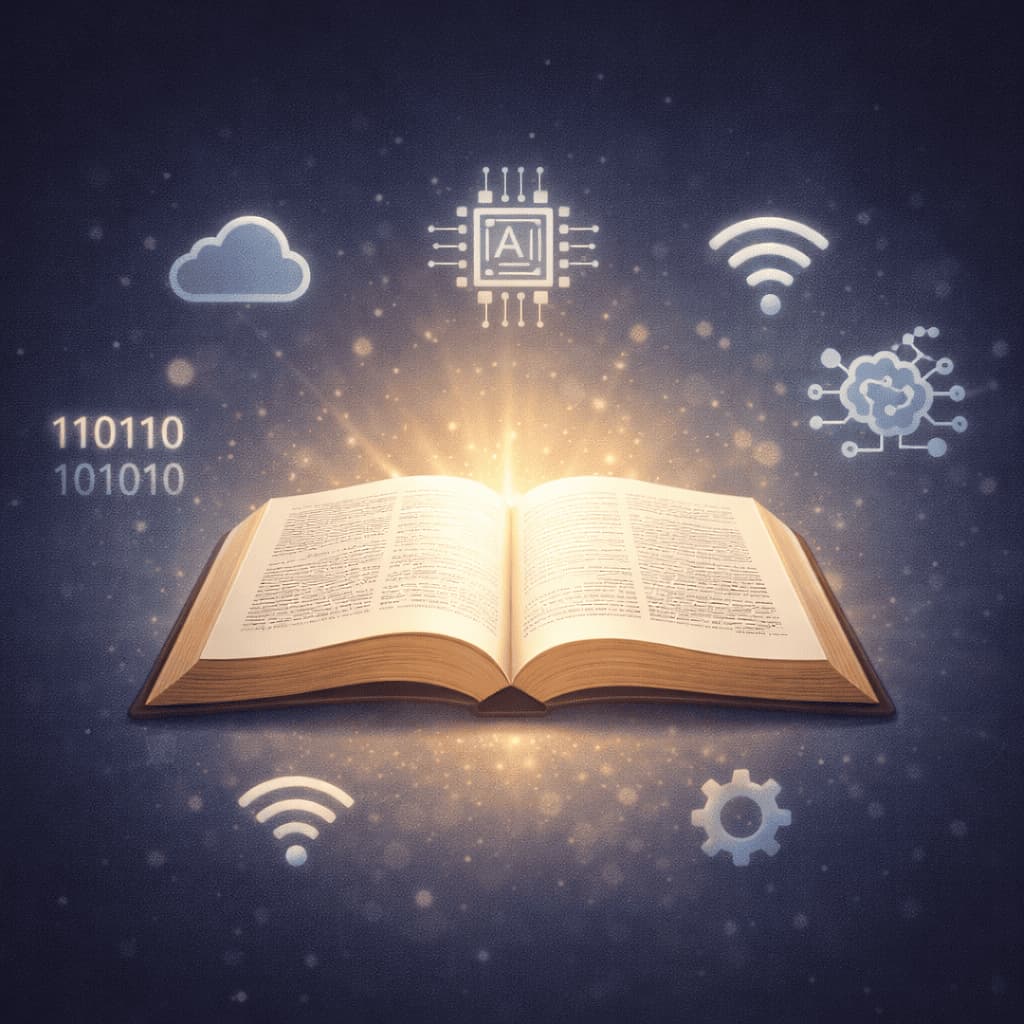 Bíblia aberta com luz suave no centro, cercada por ícones digitais minimalistas como nuvem, chip, wi-fi e código binário, simbolizando a centralidade da Palavra de Deus em meio à tecnologia.