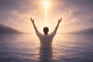 Pessoa com os braços erguidos dentro da água ao entardecer, sendo iluminada por uma luz do céu, representando o batismo como expressão de fé em Deus.