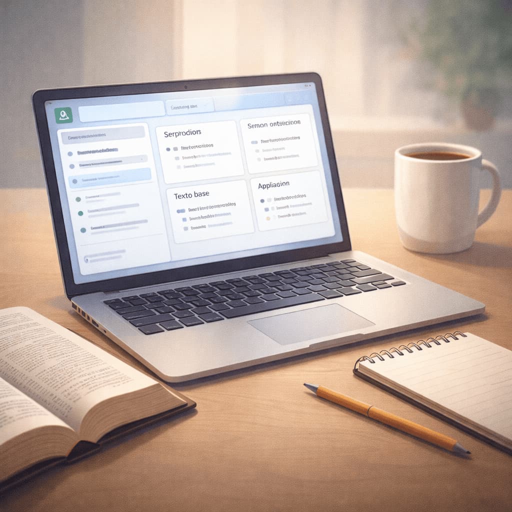 IA na pregação - Computador exibindo esboço de sermão com versículos bíblicos em interface de IA, ao lado de Bíblia aberta, caderno e caneta, simbolizando preparo de mensagens com apoio tecnológico.