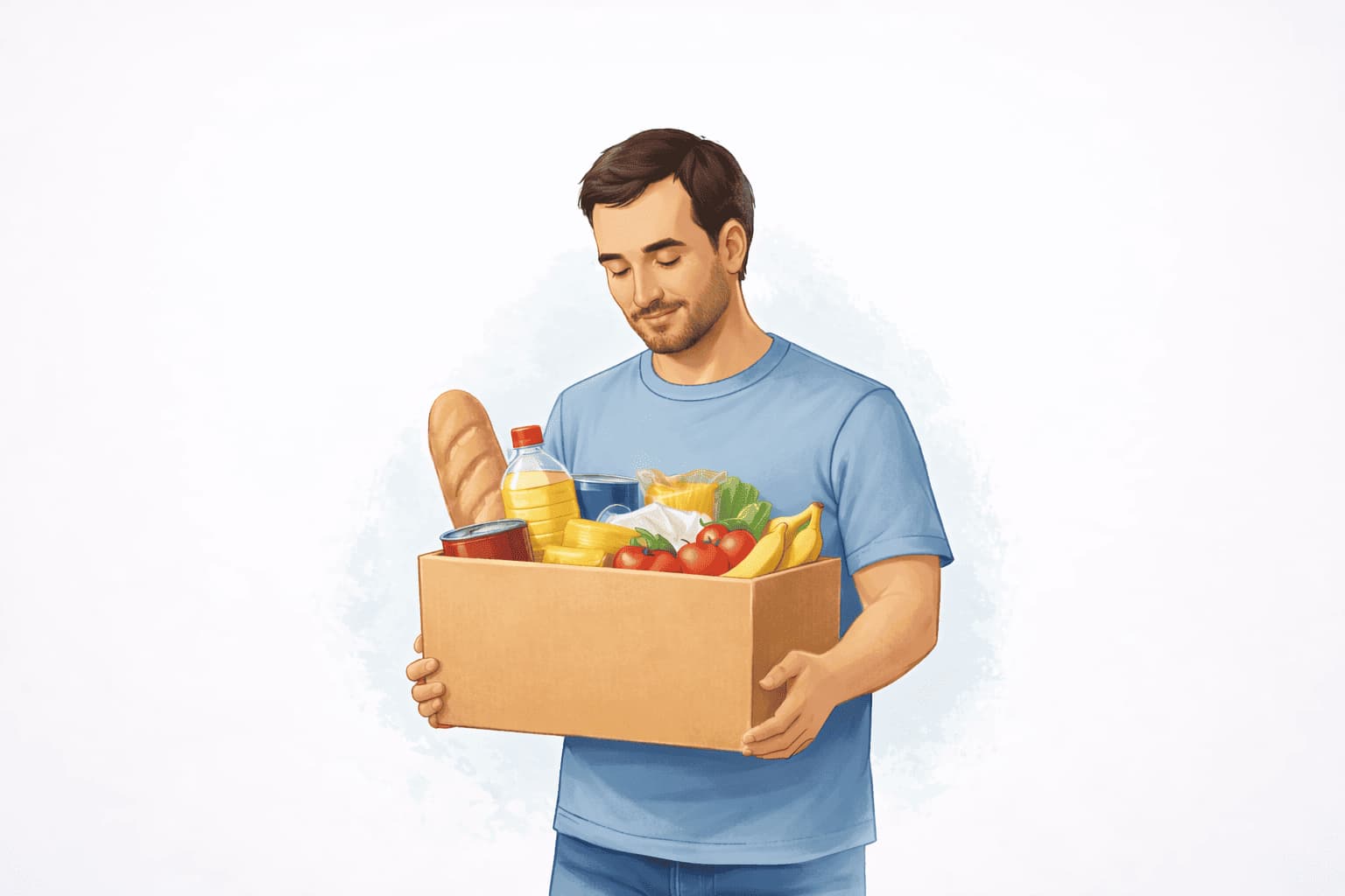 Homem segurando uma caixa com alimentos variados identificada como "Dízimo", representando a dúvida sobre contribuir com cestas básicas.