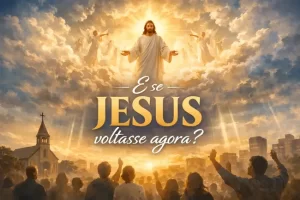 Jesus descendo do céu rodeado por anjos, com luz celestial brilhando sobre uma multidão e uma igreja ao fundo.