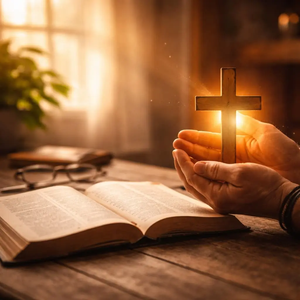 Imagem cristã com Bíblia aberta, cruz iluminada e mãos em oração, representando a graça de Deus e a responsabilidade humana na salvação.