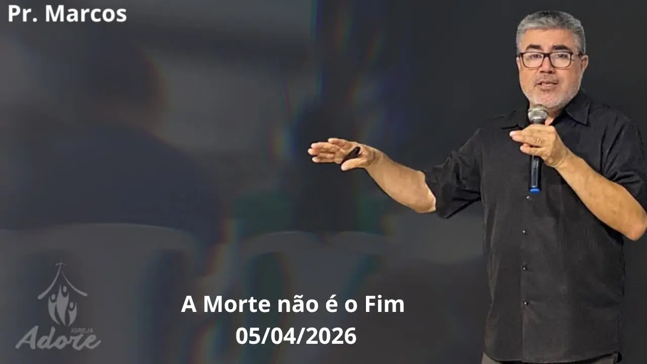 pregação cristã com pastor falando ao microfone, tema “A Morte não é o Fim” e data 05/04/2026.