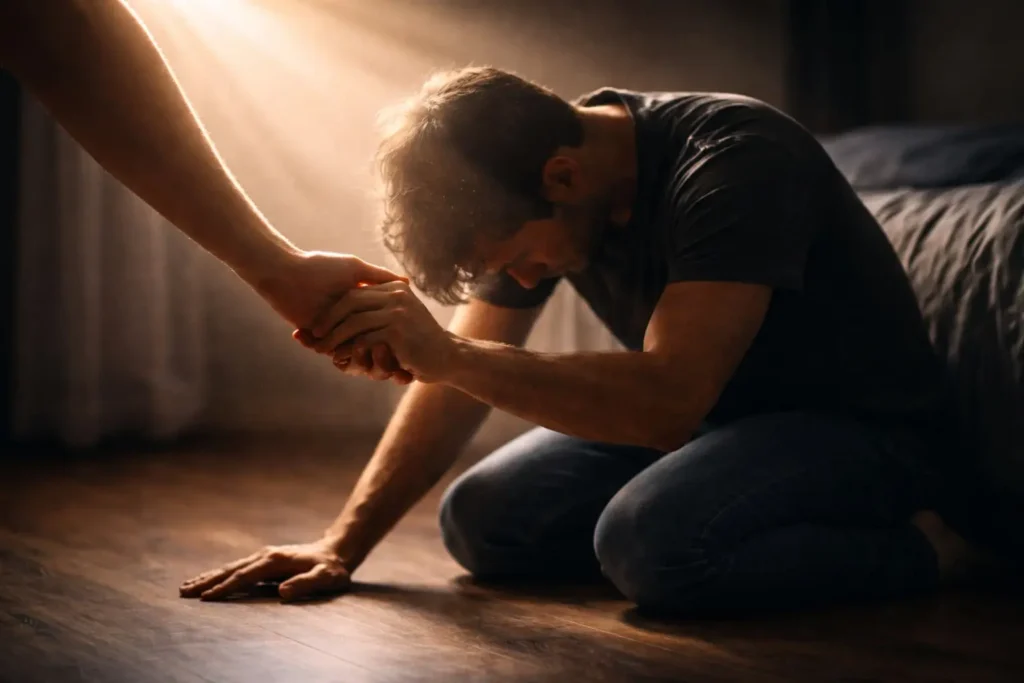 Homem ajoelhado em momento de fraqueza sendo segurado por outra mão, com luz iluminando a cena, representando Deus que não abandona e se aproxima no sofrimento