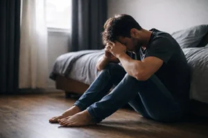 Homem sozinho sentado no chão do quarto com a cabeça baixa, demonstrando tristeza e depressão, com luz suave entrando pela janela trazendo sensação de esperança