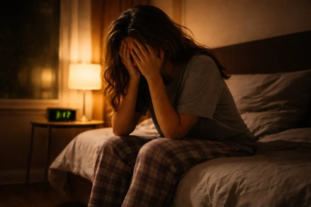 Mulher sentada na cama durante a madrugada, com o rosto coberto pelas mãos, em um quarto com luz baixa e relógio ao lado, representando angústia, insônia e depressão
