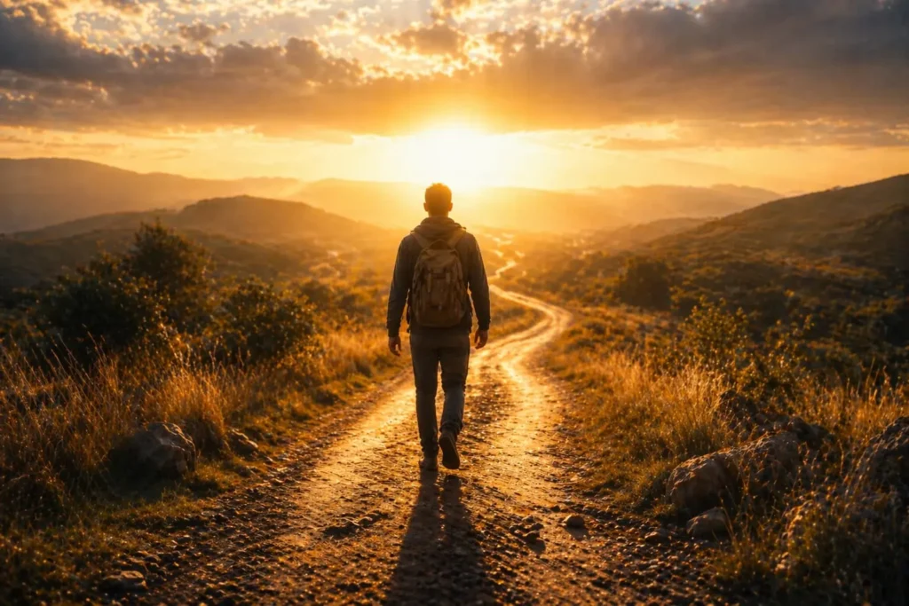 Pessoa caminhando em direção à luz no horizonte em uma estrada, representando fé em Deus e superação da ansiedade com esperança