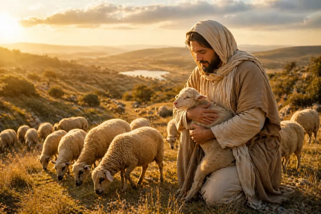 Pastor segurando uma ovelha no campo ao pôr do sol, representando o cuidado de Deus com quem está ansioso e precisa de paz