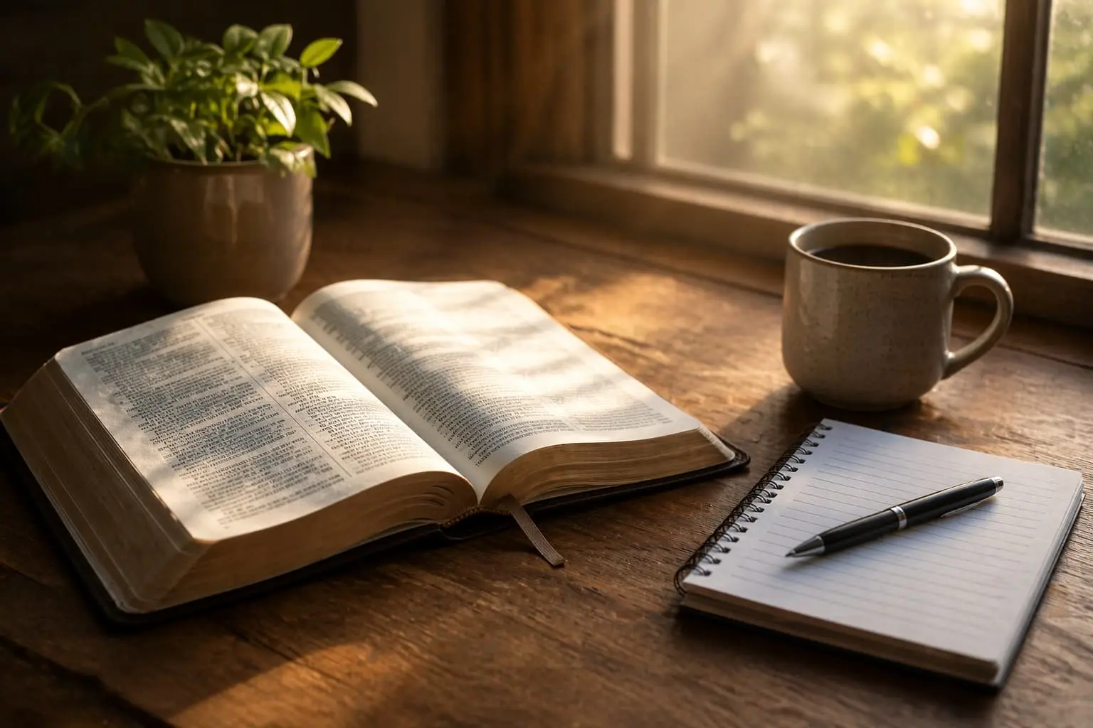 Bíblia aberta sobre mesa com caderno, caneta e xícara de café ao lado, iluminada por luz suave, representando paz em Deus e momento de reflexão espiritual