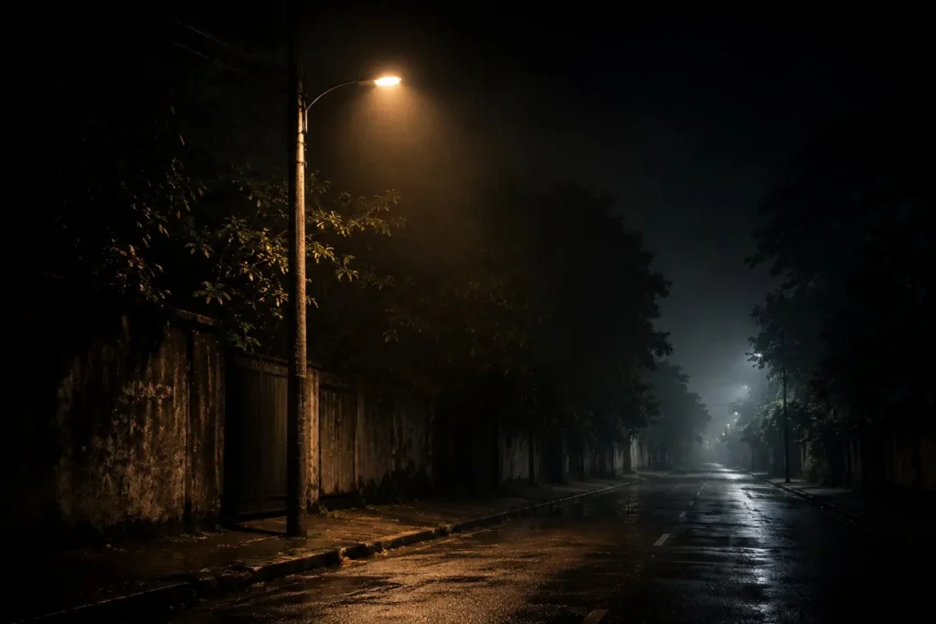 Rua escura e silenciosa durante a noite, iluminada por um único poste de luz, com atmosfera cinematográfica e reflexos no asfalto molhado.