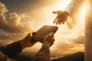 Mãos entregando um caderno de planos em direção à luz divina no céu, simbolizando entrega, fé e confiança em Deus.