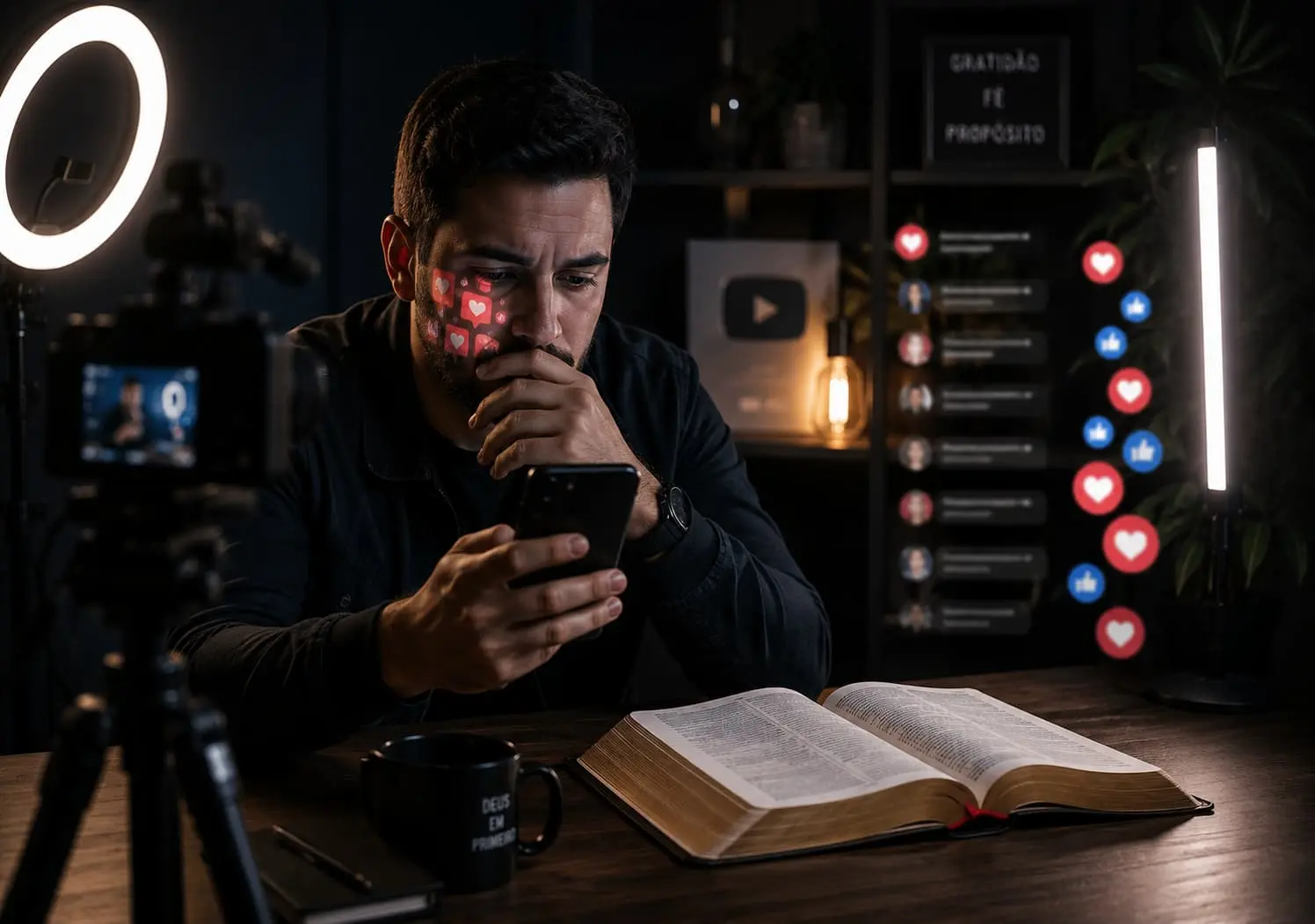 Evangelho em espetáculo nas redes sociais mostrando homem em estúdio olhando para o celular enquanto uma Bíblia aberta está sobre a mesa, representando a performance espiritual online.