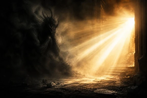Figura sombria em um ambiente escuro enquanto raios de luz entram por uma porta aberta, simbolizando a vitória da luz sobre as trevas.