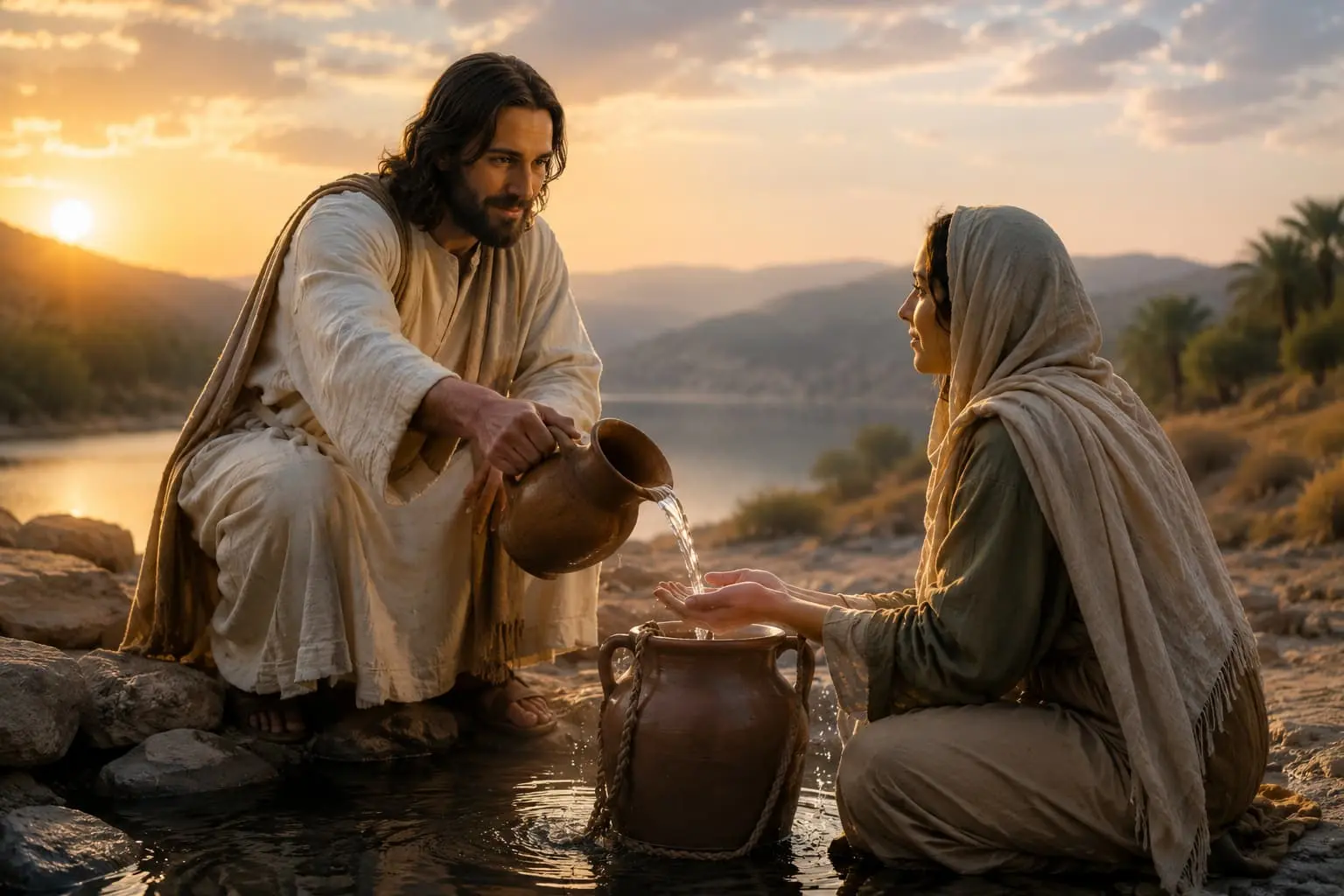 Jesus oferece água a uma mulher junto a uma fonte em um cenário bíblico ao pôr do sol, simbolizando a água viva que sacia a alma e transforma vidas