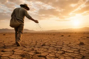 Homem realizando a semeadura em uma terra seca e rachada ao pôr do sol, representando a fé e a perseverança de quem continua plantando mesmo diante de circunstâncias difíceis.