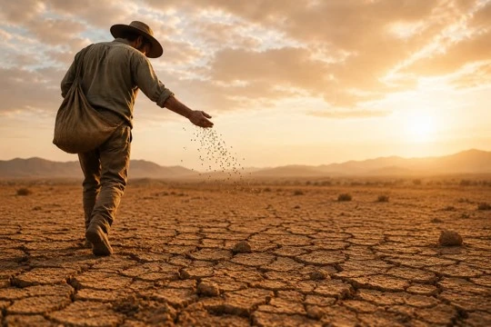 Homem realizando a semeadura em uma terra seca e rachada ao pôr do sol, representando a fé e a perseverança de quem continua plantando mesmo diante de circunstâncias difíceis.