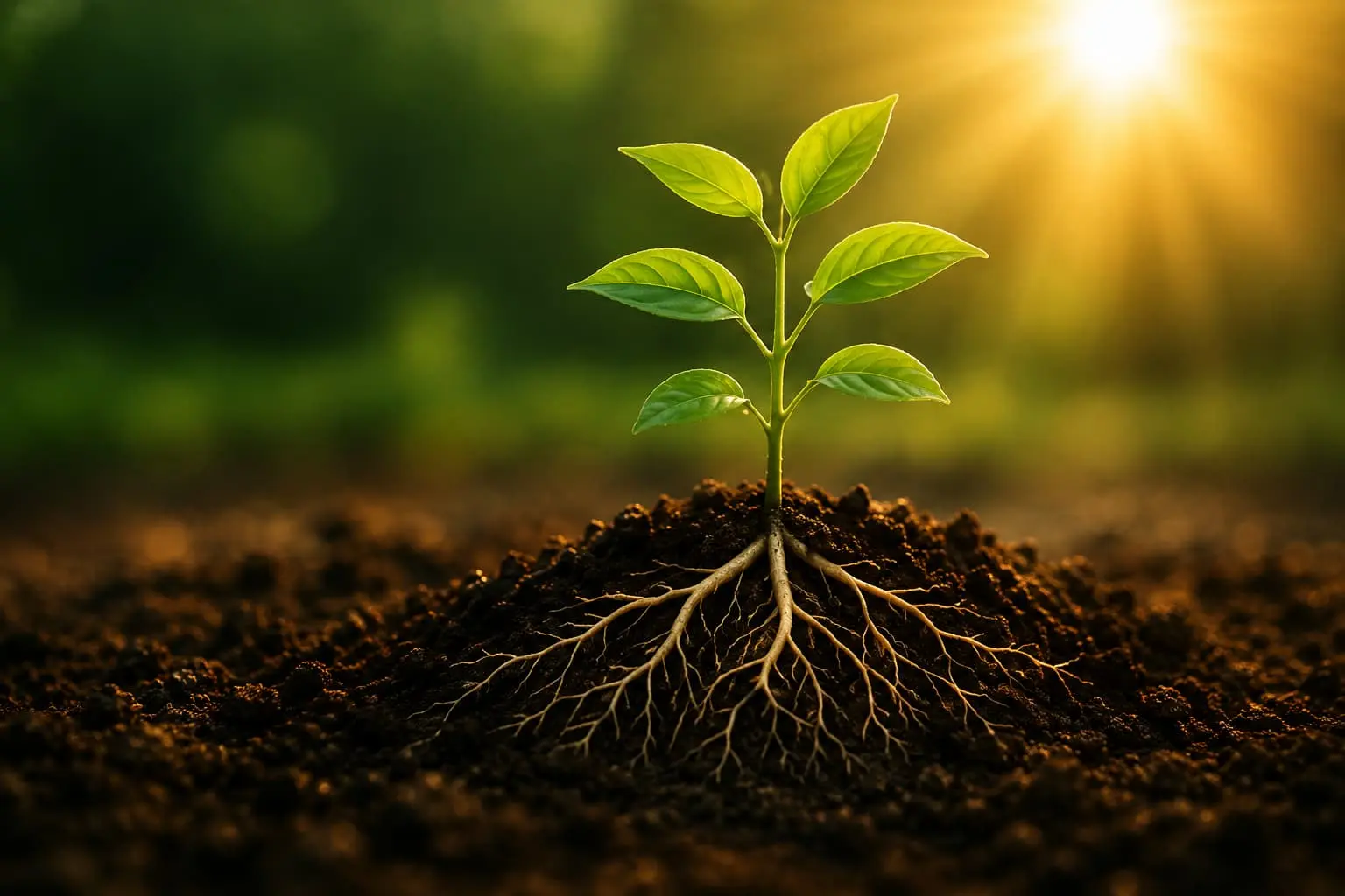 Planta com raízes profundas iluminada pelo sol representando crescimento espiritual.