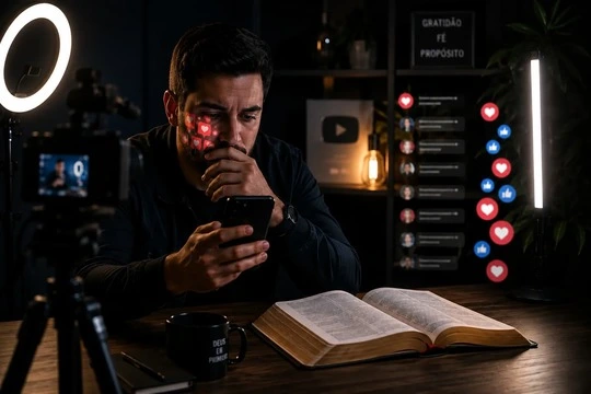 Evangelho em espetáculo nas redes sociais mostrando homem em estúdio olhando para o celular enquanto uma Bíblia aberta está sobre a mesa, representando a performance espiritual online.