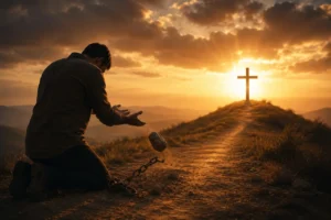 Pessoa soltando uma pedra diante de uma cruz iluminada ao entardecer, simbolizando a entrega do ressentimento a Deus.